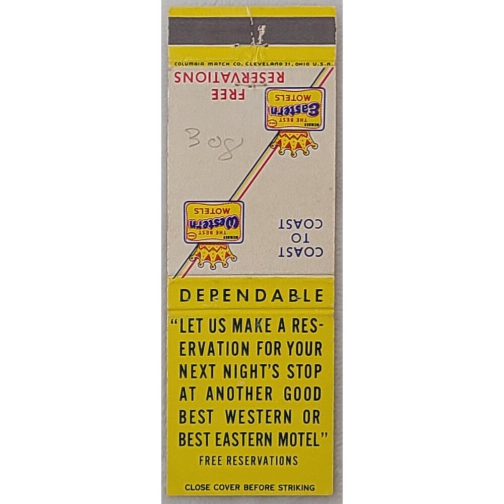 Vintage Matchbook Cover Best Western Eastern Motels Reservations Double Logo